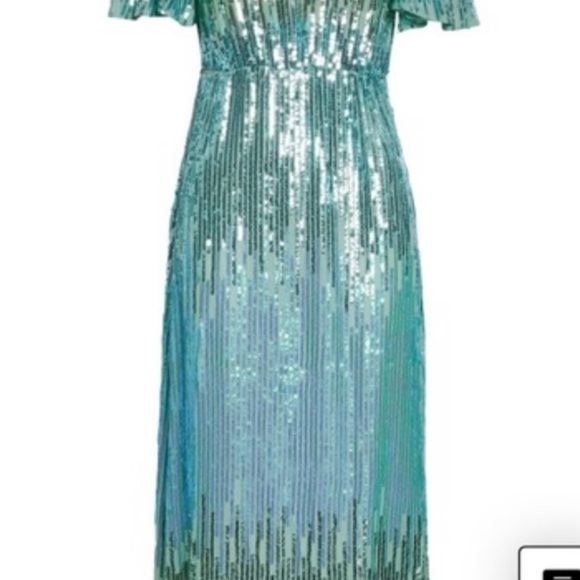 Rixo Sequin Ombré Aqua Turquoise Green Flutter Sleeve Midi Dress Gown - Picture 3 of 10